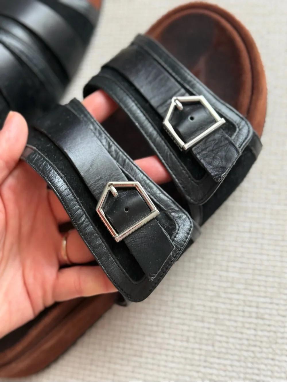 Zara SPLS Black Leather Slide Sandals with Brown Footbed